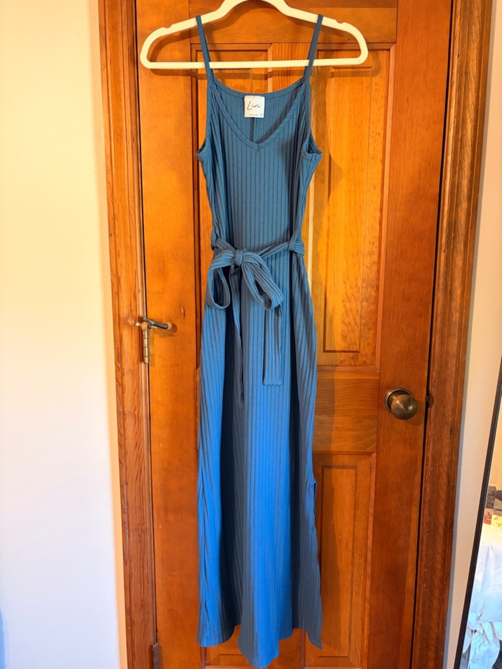 Olivia Rae Teal-Blue Ribbed Maxi Dress with Waist Tie